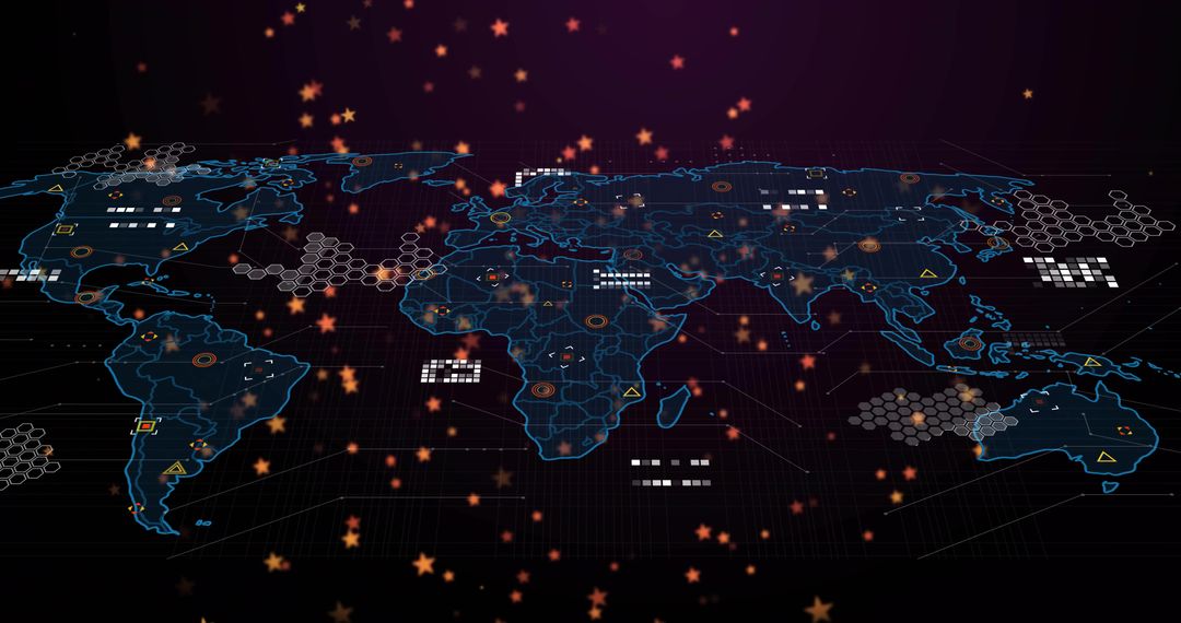 Projecting holographic global network map with neon cyan contours and hex mesh nodes