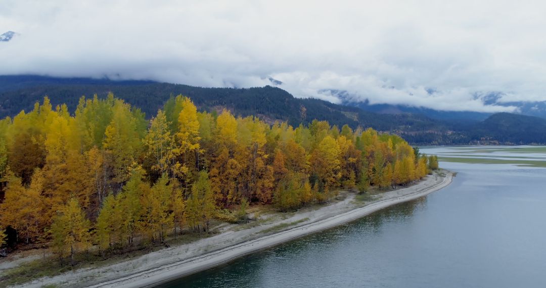 Autumn Trees by a Serene Lake with Cloudy Mountains in the Background - Free Images, Stock Photos and Pictures on Pikwizard.com