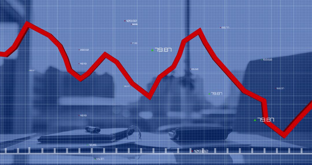 Business Data Analysis with Red Declining Graph on Office Desk Background