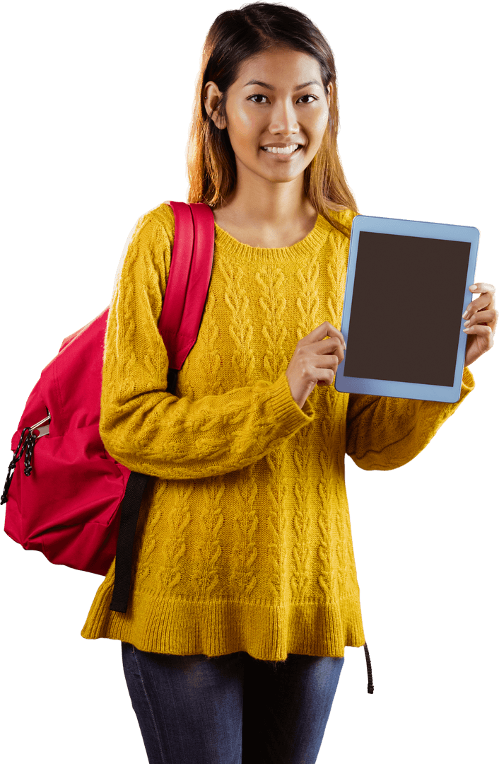 Smiling Student Holding Tablet in Yellow Sweater and Red Backpack