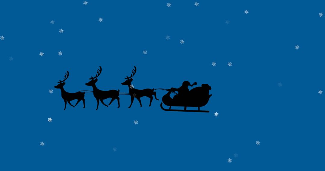 Santa in Sleigh Silhouette with Three Reindeer and Snowflakes