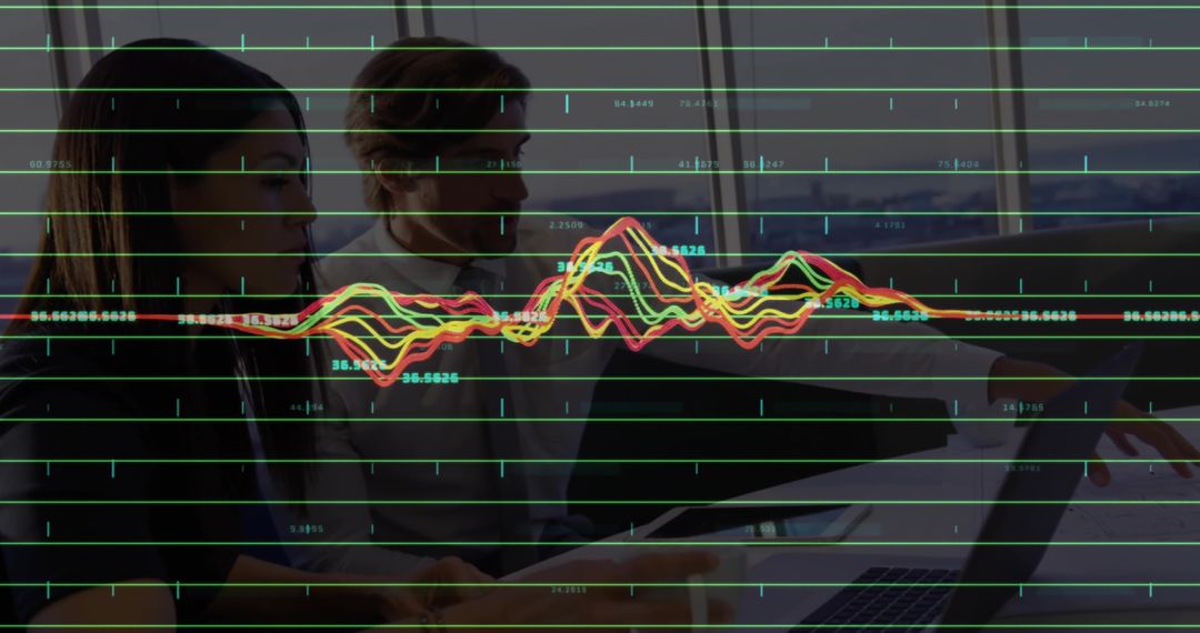 Diverse Team Analyzes Financial Data with Overlay of Line Graph