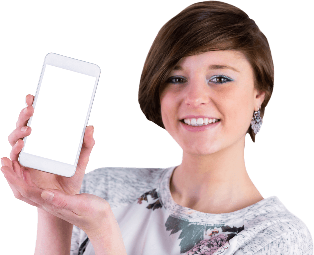 Smiling Woman Holding Smartphone with Transparent Screen