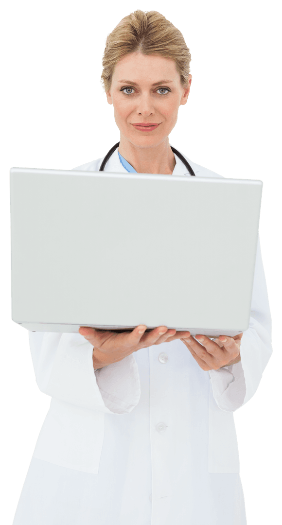 Transparent Professional Doctor Using Laptop with Focused Expression