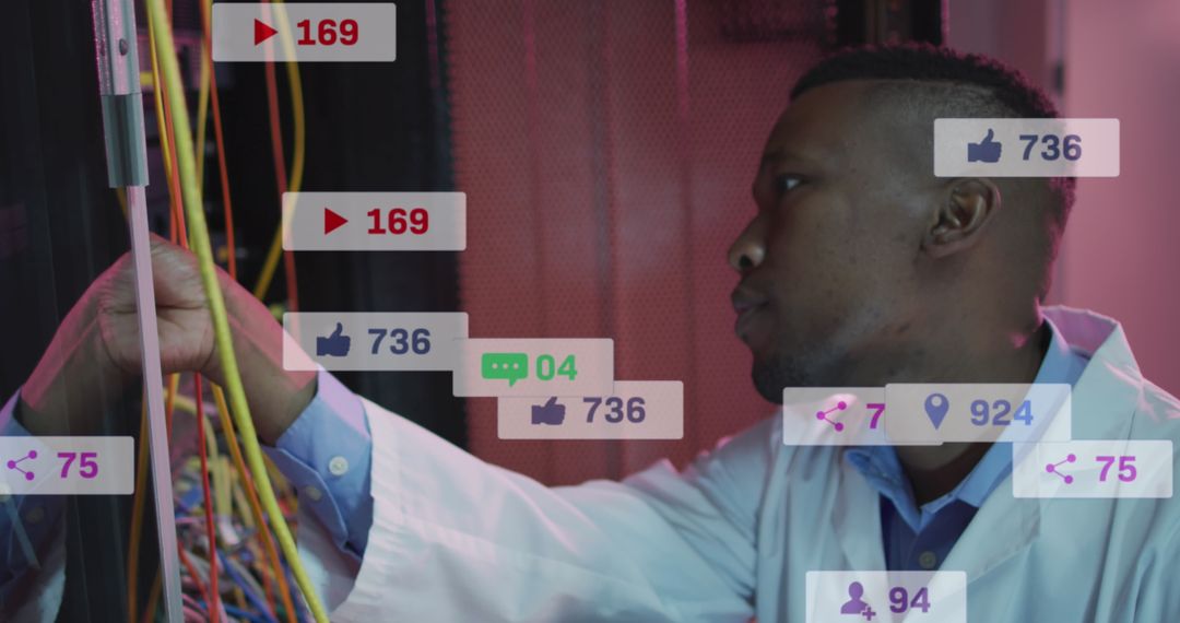 Technician Analyzing Data in Server Room with Digital Overlays