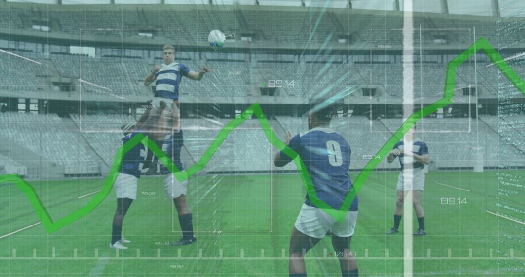 Rugby Players in Action with Virtual Data Overlays in Stadium - Free Images, Stock Photos and Pictures on Pikwizard.com