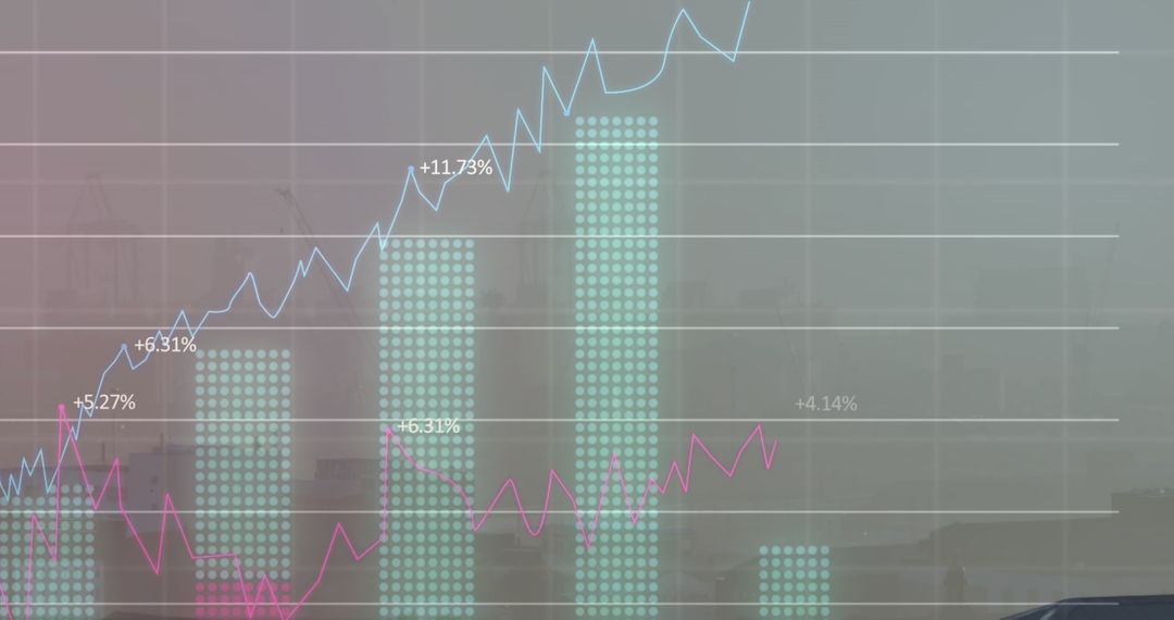 Statistical Graphs Over Cityscape Highlighting Business Growth