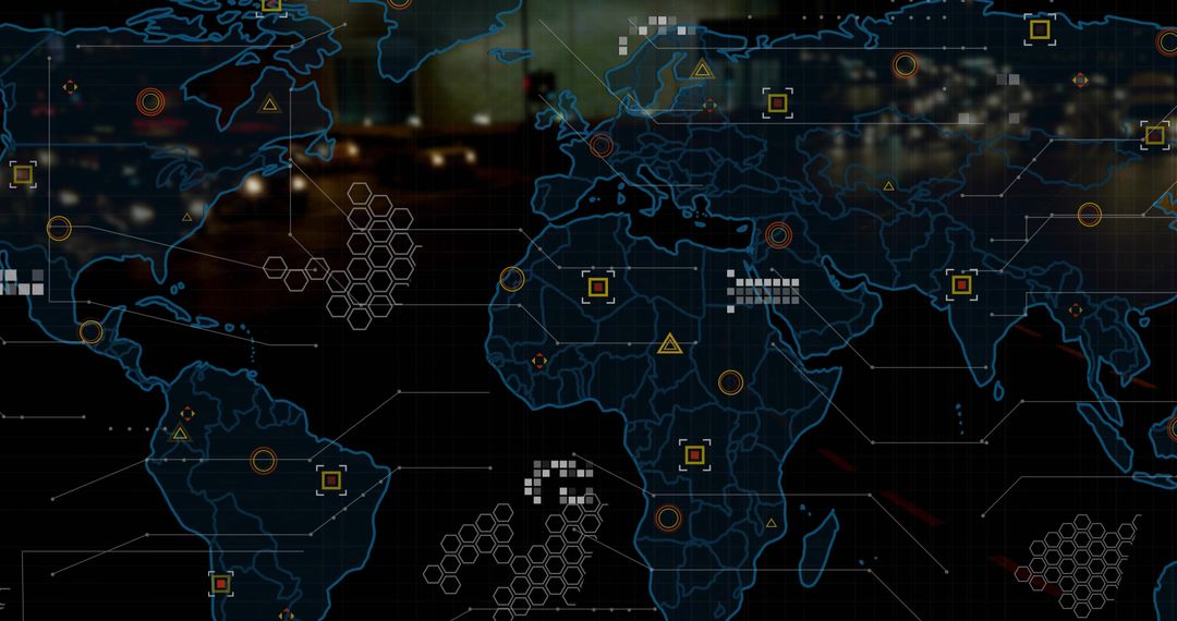 Futuristic World Map with Digital Data Nodes and Hexagonal Patterns