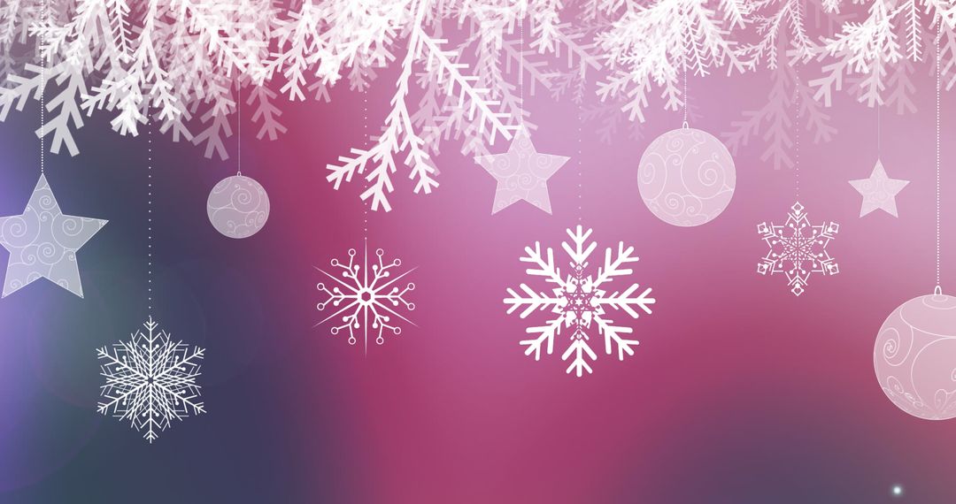 White Snowflakes and Ornaments on Pink and Purple Gradient