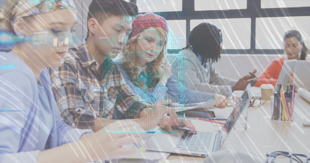 Diverse Team Collaborating on Project with Digital Security Overlay