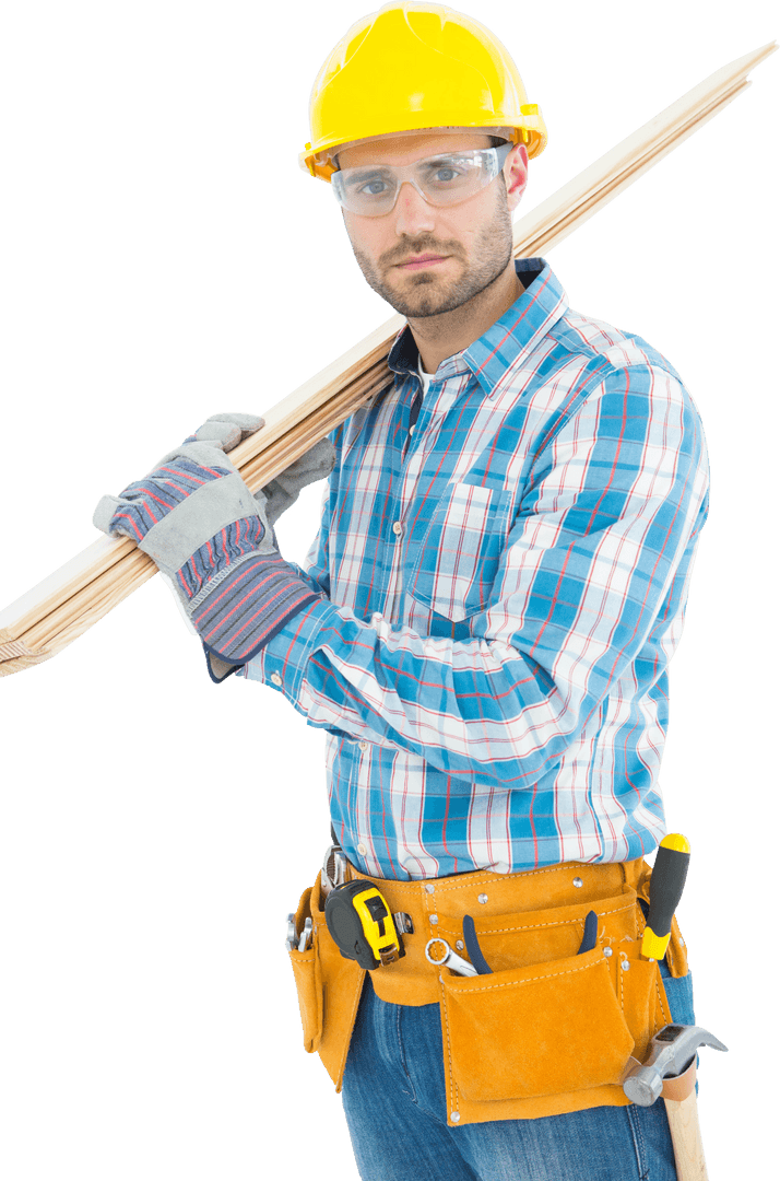Confident Construction Worker Holding Wooden Planks on White Background
