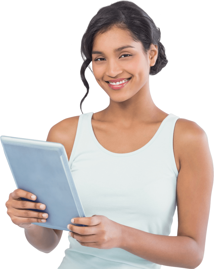 Smiling Young Woman Using Tablet Computer on Transparent Background