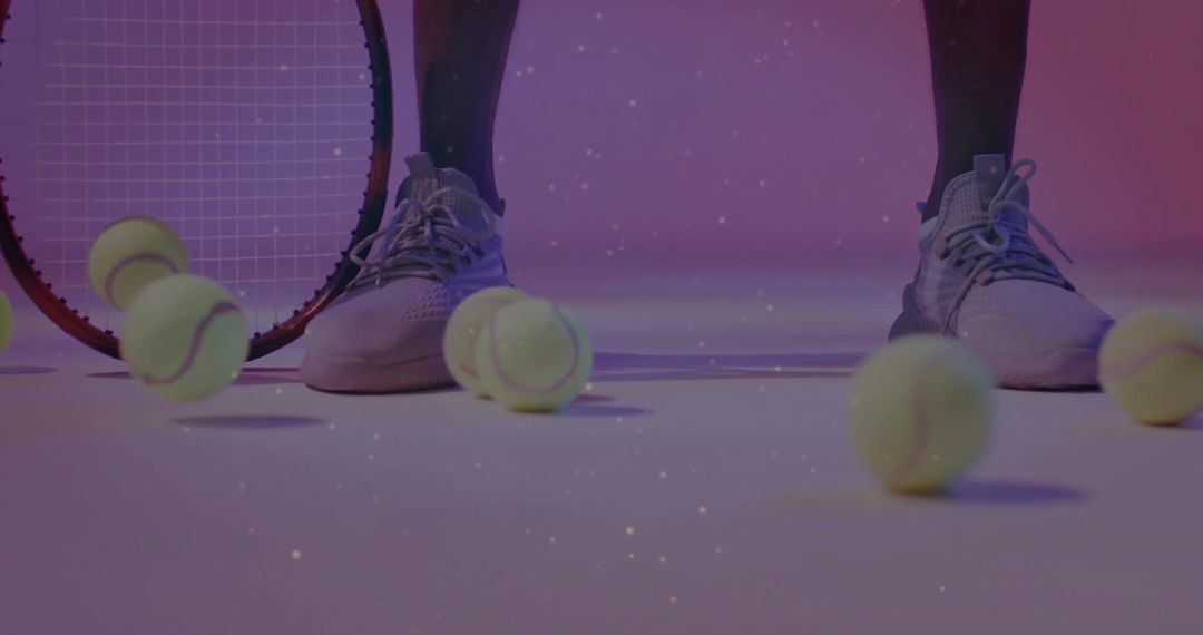 Tennis Player's Footwork with Balls and Racket in Studio