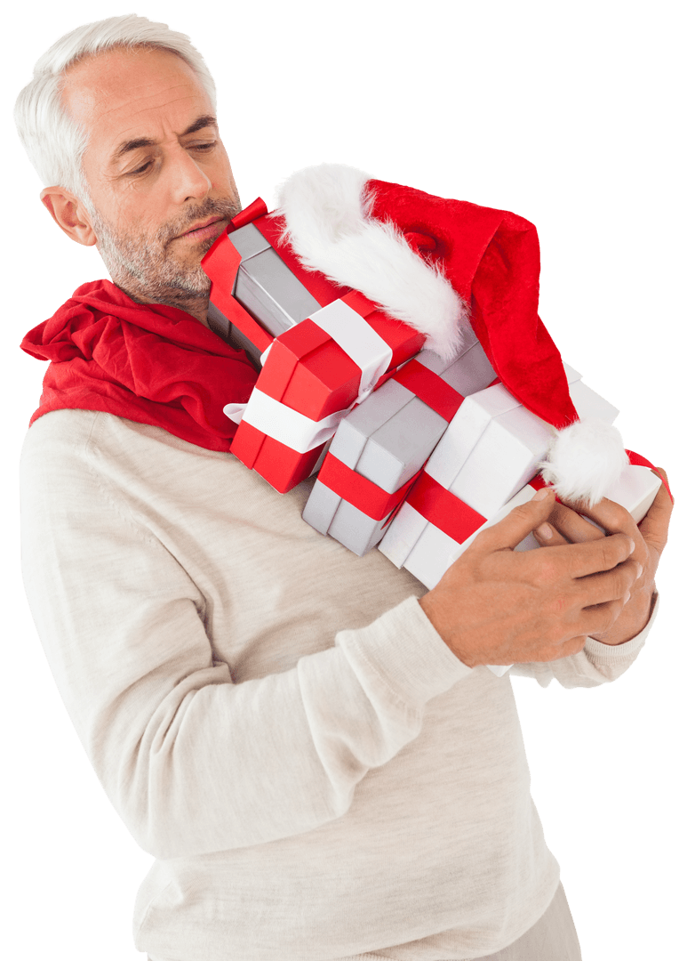 Content Man Holding Christmas Gifts Wearing Santa Hat Transparent Background