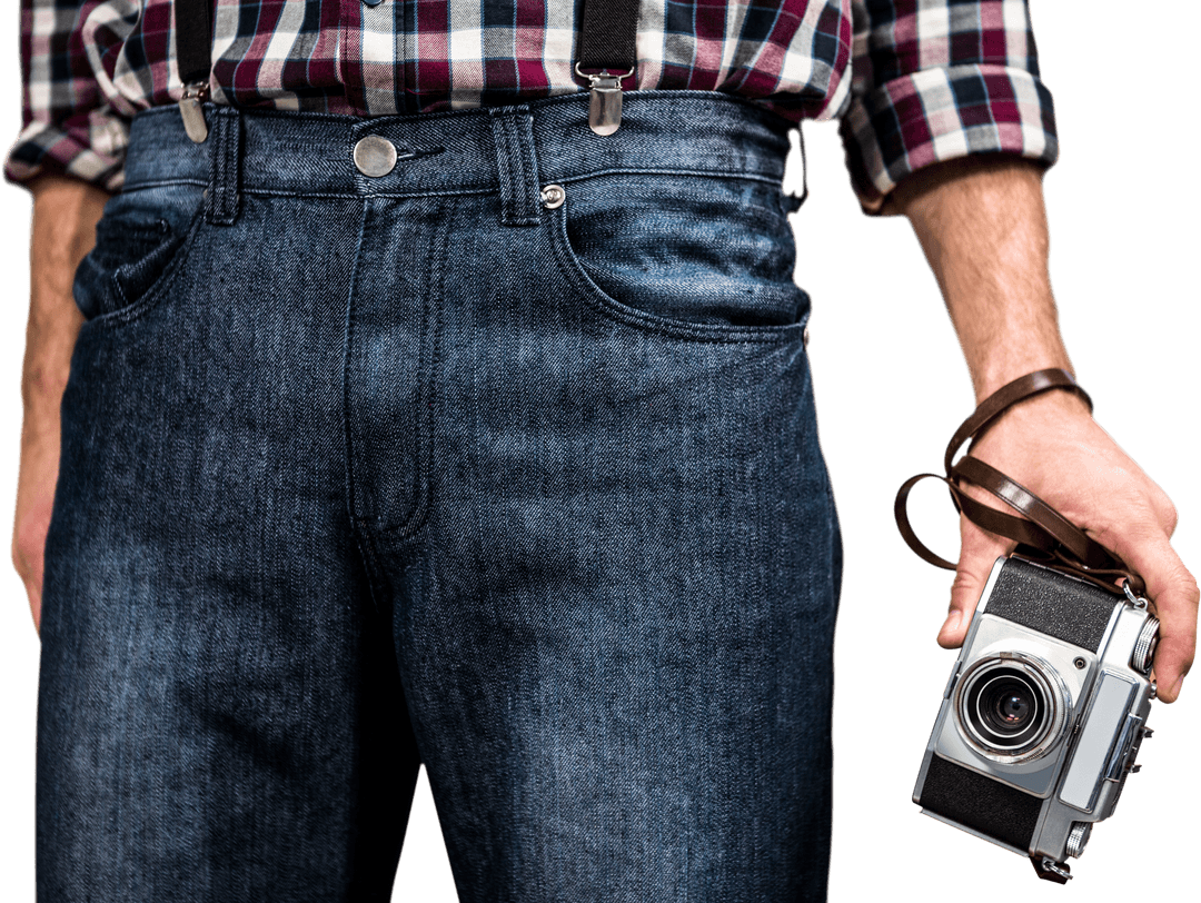 Fashionable Hipster in Jeans Holding Digital Camera on Transparent Background