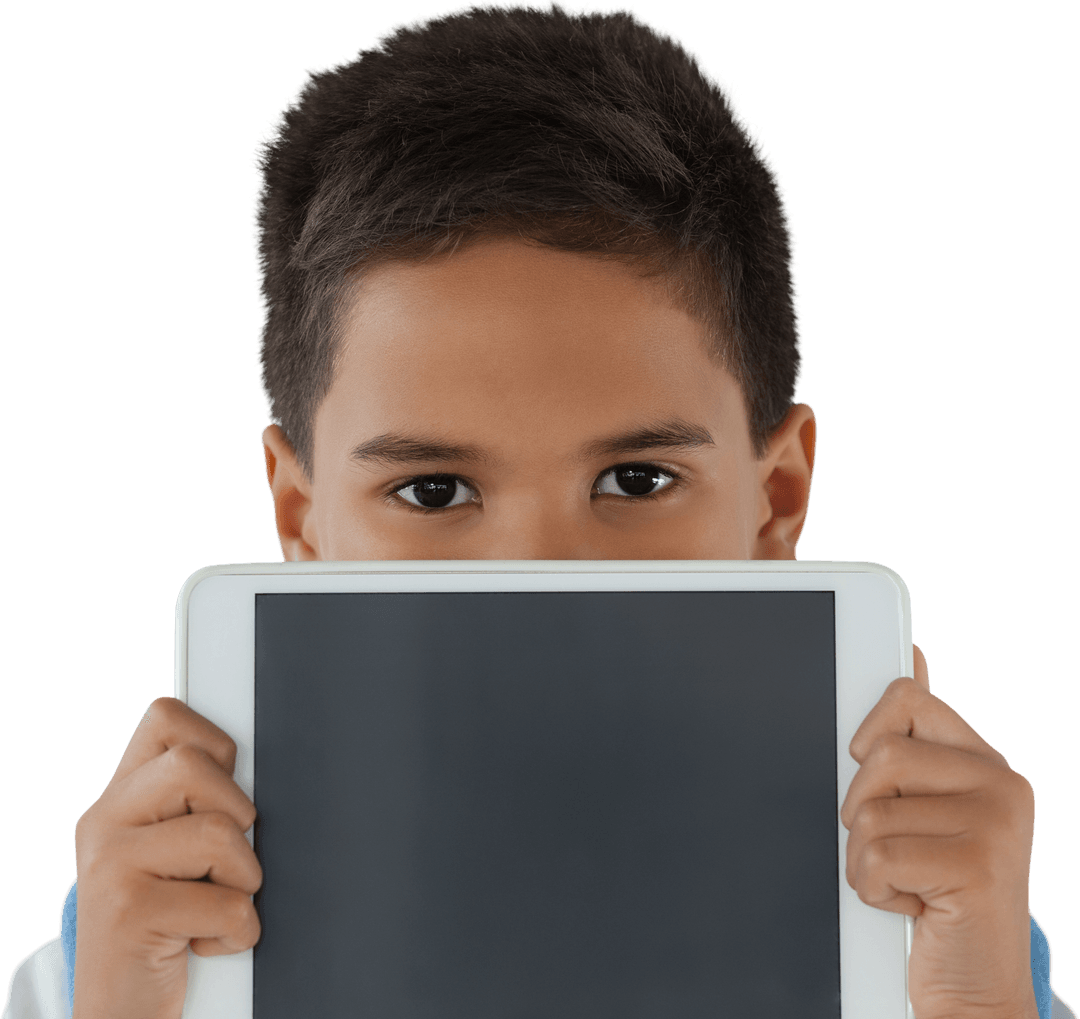 Young Boy Holding Tablet with Transparent Background