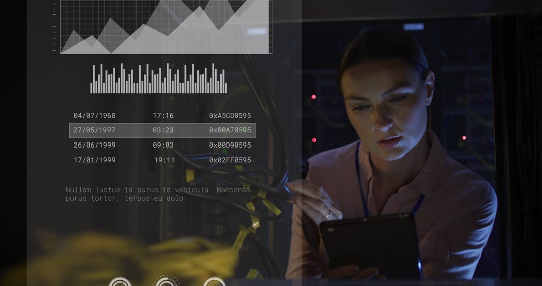 Woman Analyzing Server Data with Digital Graph Overlays