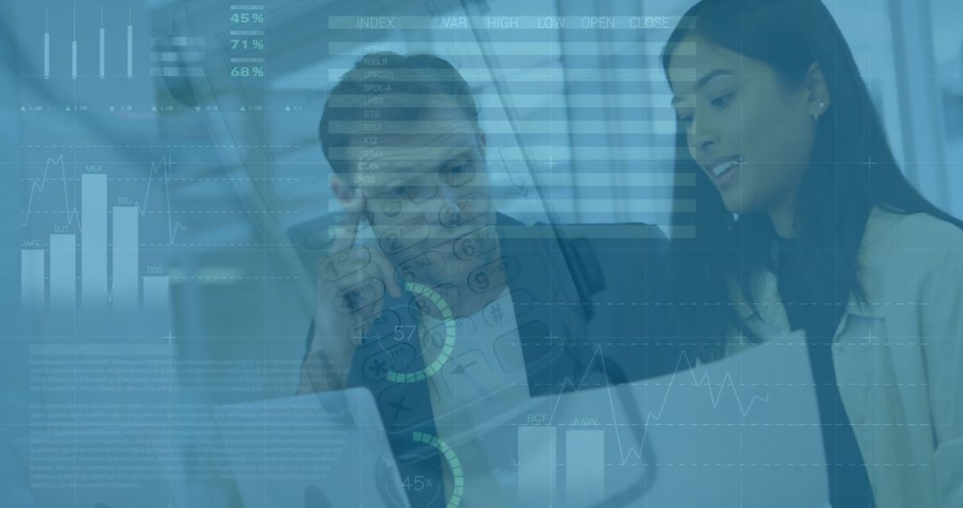 Diverse Colleagues Analyzing Documents with Infographic Overlay