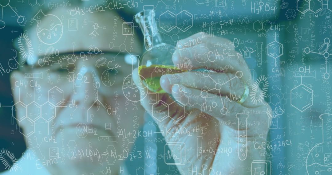 Scientist Analyzing Chemical Experiment with Molecular Formulas