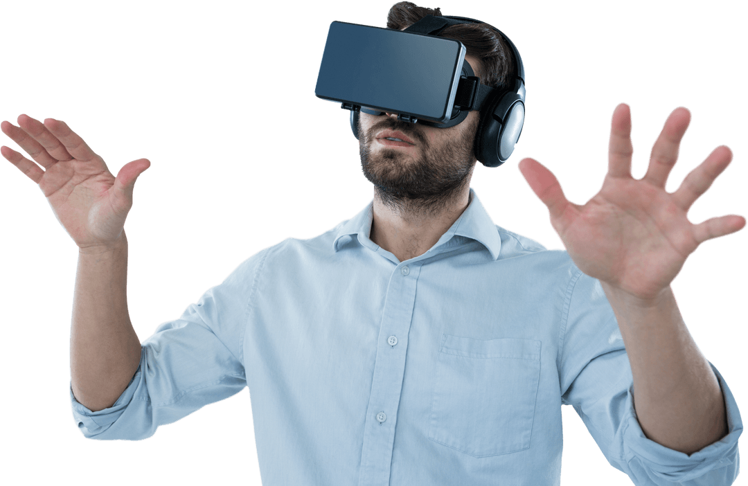 Man experiencing virtual reality with transparent effect