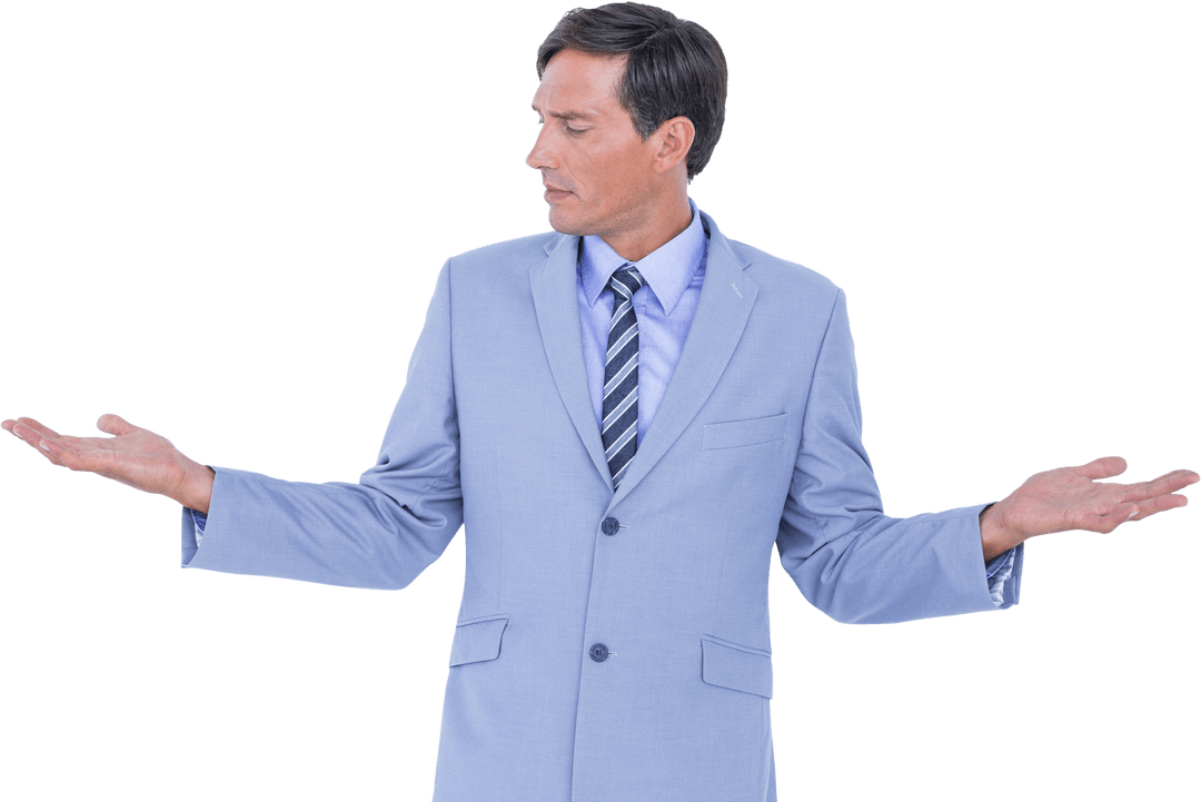 Elegant Businessman Gesturing with Dual Hand Transparency