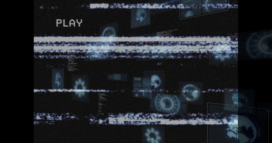 Virtual Reality Interface with Glitchy Static and HUD Panels