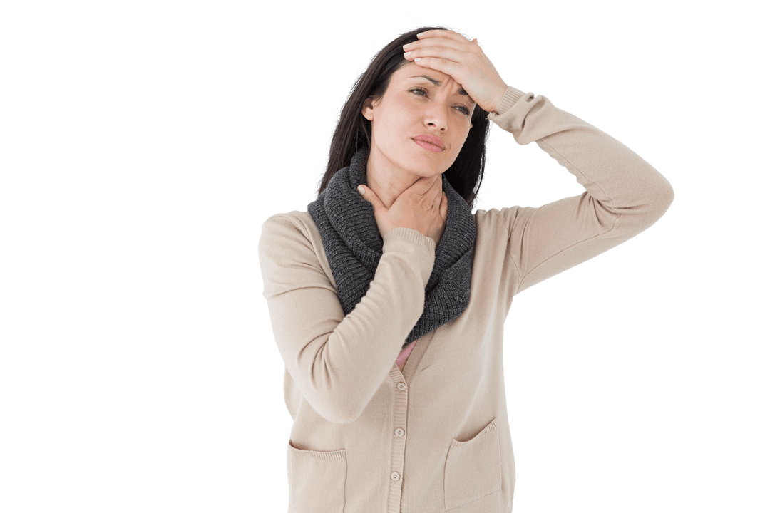 Transparent Image of Unwell Woman Touching Forehead and Throat