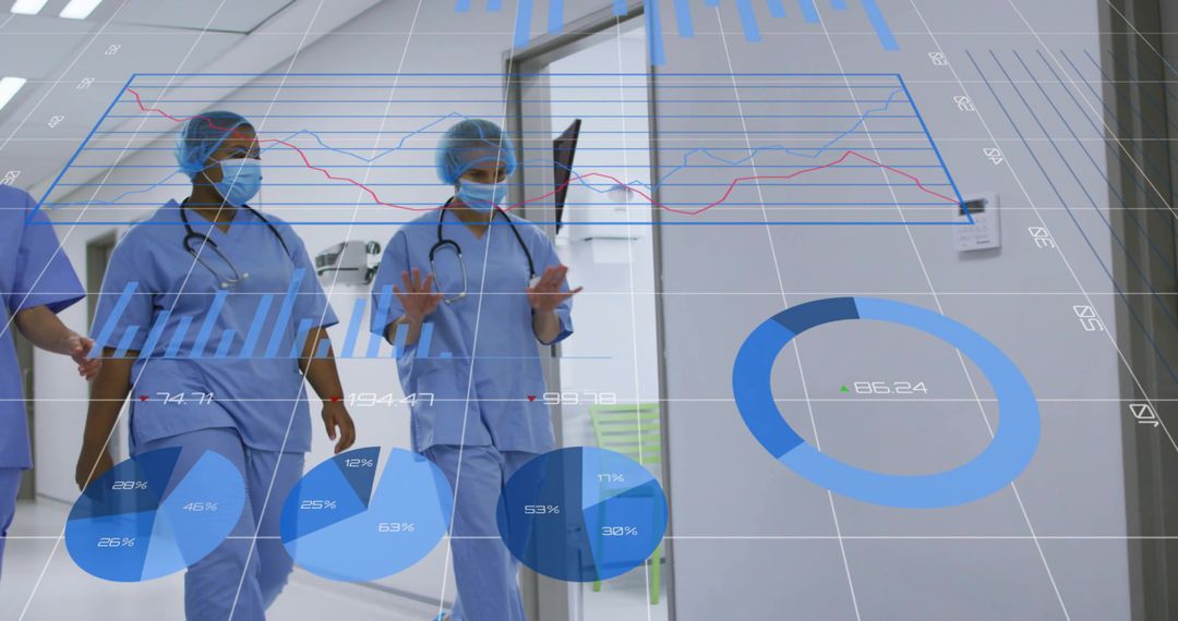 Healthcare team walking hospital corridor interacting with AR data dashboards and analytics