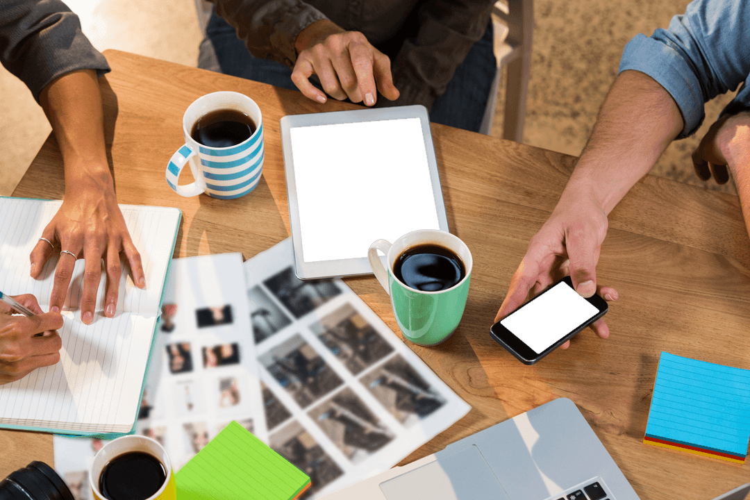 Transparent Screen Meeting with Colleagues Sharing Ideas and Coffee