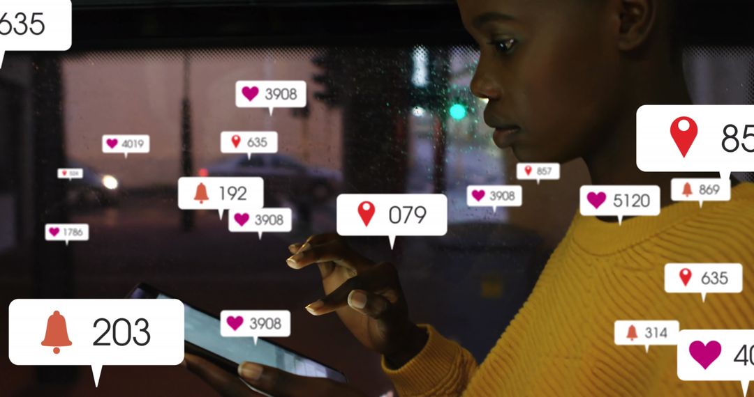 Teen Girl Engaging with Social Media Notifications in Public Transport