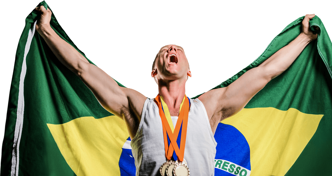 Victorious Athlete Posing with Brazilian Flag and Gold Medals Transparent