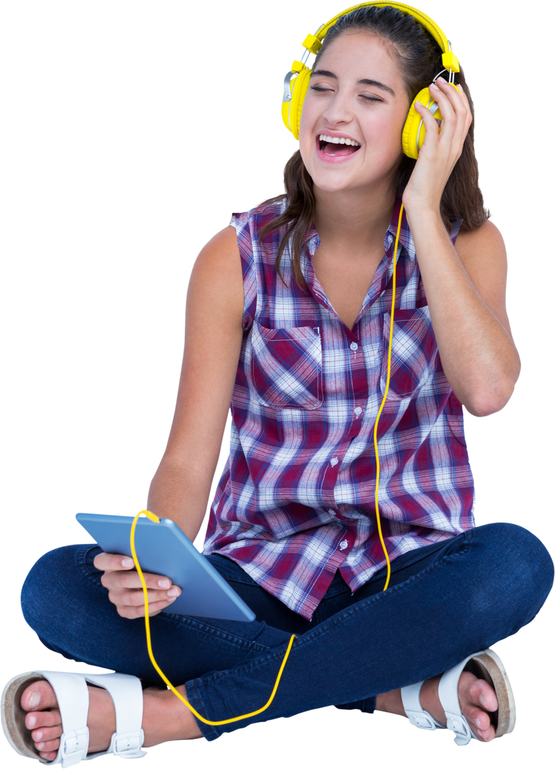 Transparent Cheerful Woman Listening to Music on Headphones with Tablet - Download Free Stock Images Pikwizard.com