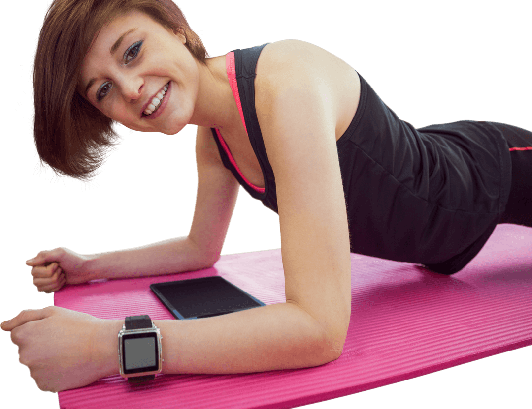 Transparent Fit Woman Planking on Exercise Mat with Fitness Tracker
