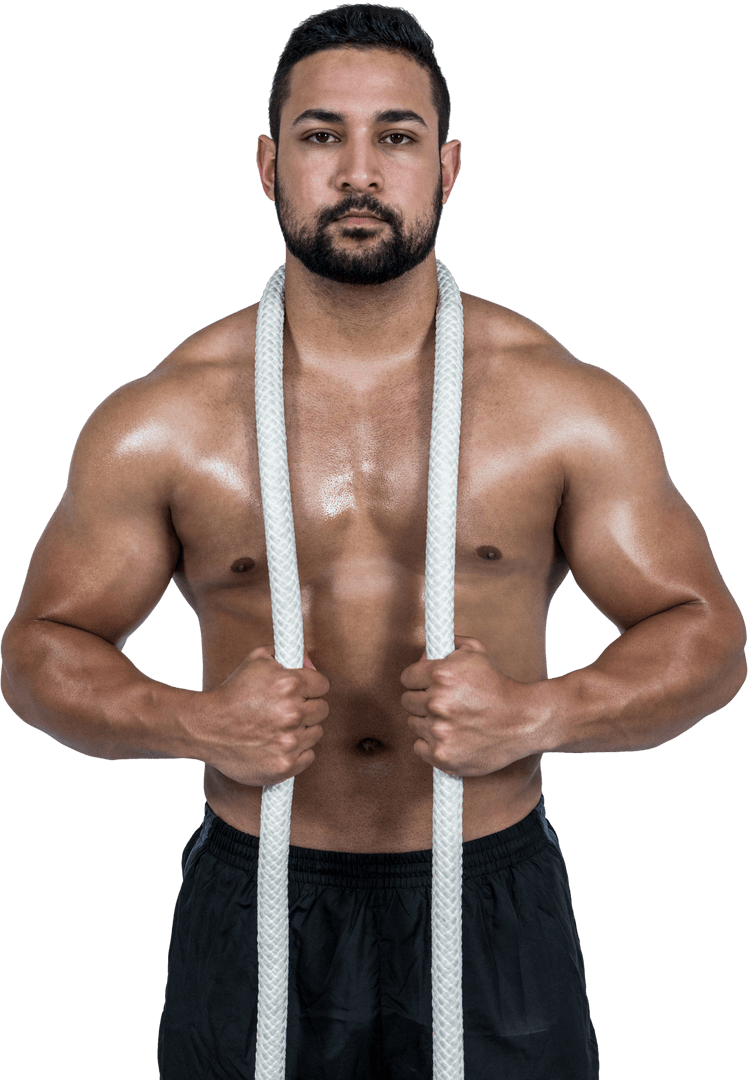 Muscular Man Holding Battle Rope on Transparent Background