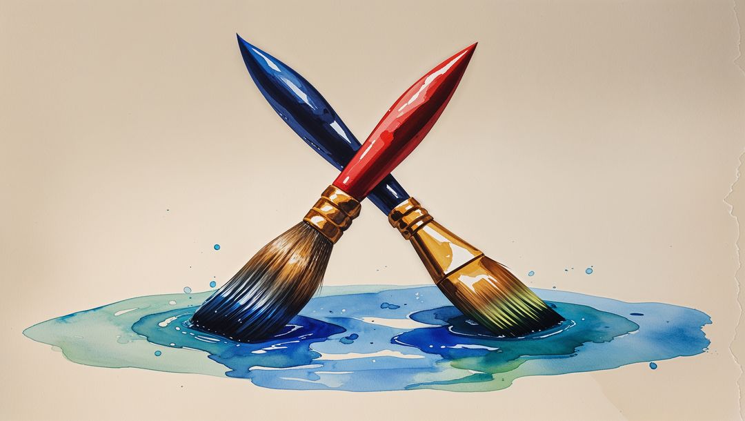 Vibrant Paintbrushes Creating Splash in Artistic Watercolor Puddle