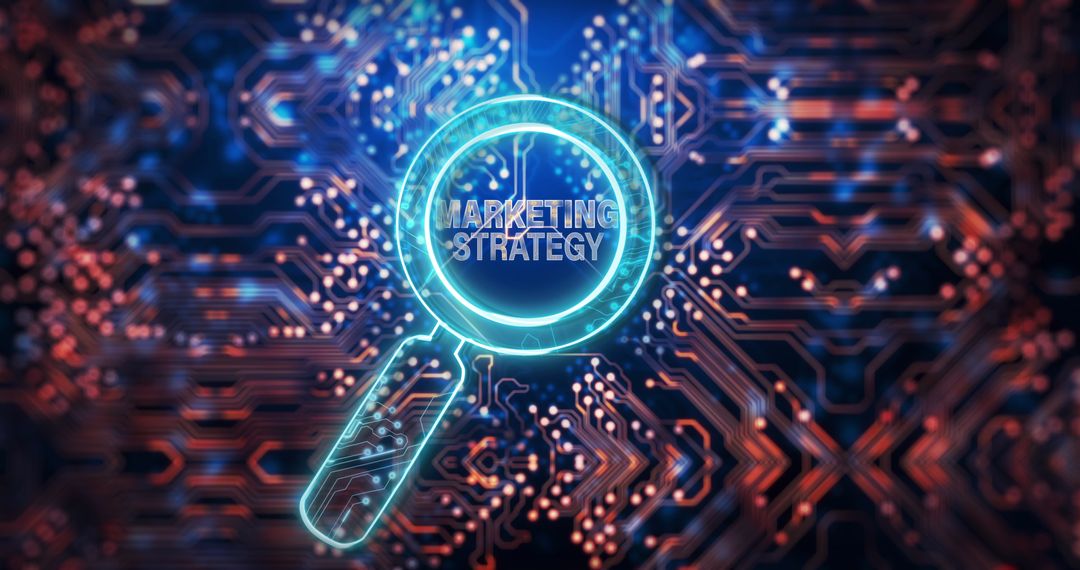 Marketing Strategy Concept with Magnifying Glass on Circuit Board