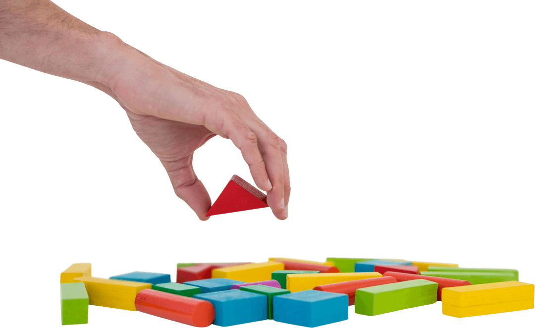 Hand Arranging Assorted Wooden Architectural Blocks Transparent Background