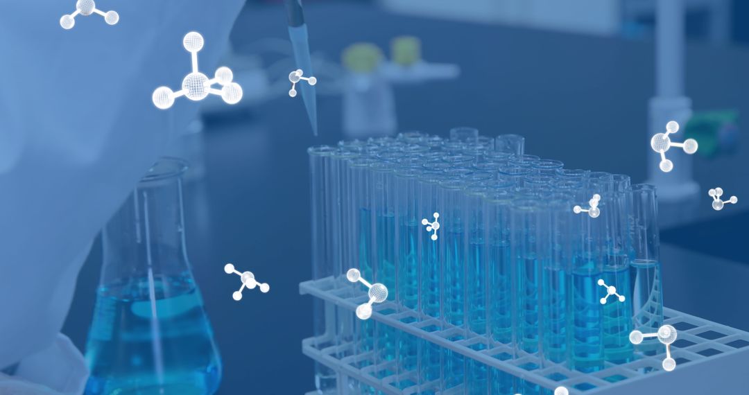 Scientist Conducting Experiment with Molecular Overlay in Laboratory