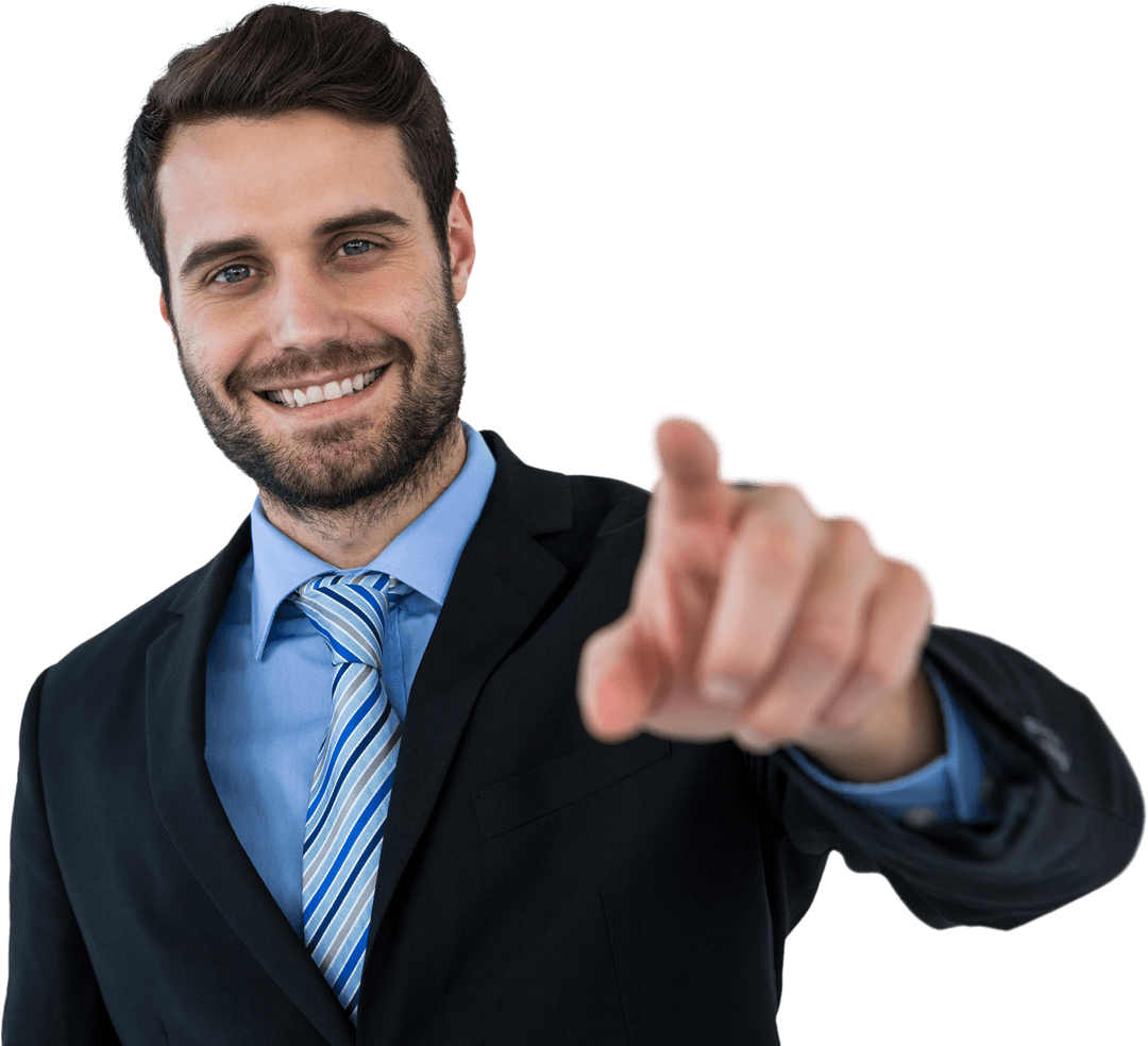 Confident Businessman Pointing at Transparent Screen