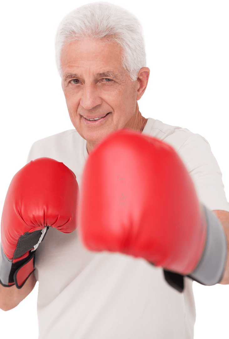 Senior Man in Red Boxing Gloves with Transparent Background