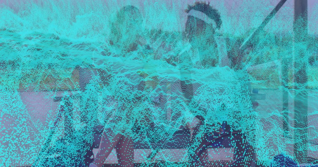 Coworkers Collaborating on Laptops with Digital Waveform Data Overlay