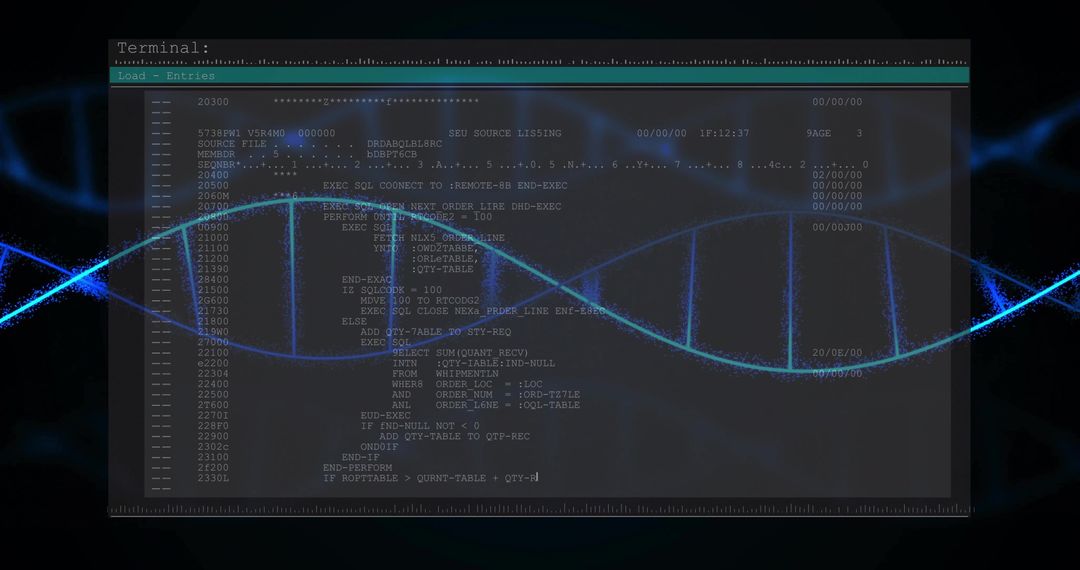 Futuristic Interface with DNA Helix and Coding Terminal