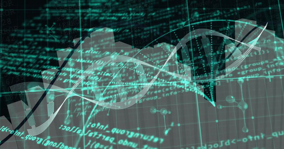 Futuristic Holographic DNA Double Helix Overlaid on Neon Code and Bioinformatics Dashboard