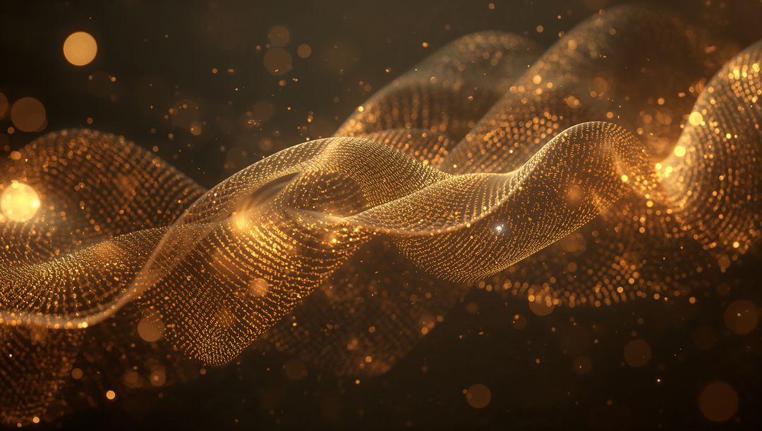 Golden digital mesh ribbon flowing through bokeh-lit abstract space with sparkling orbs