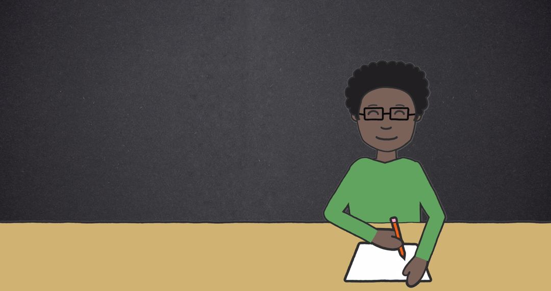 Animated Student Writing in Classroom Against Chalkboard