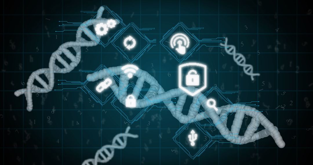 DNA Helix in Digital Grid with Glowing Cybersecurity Icons