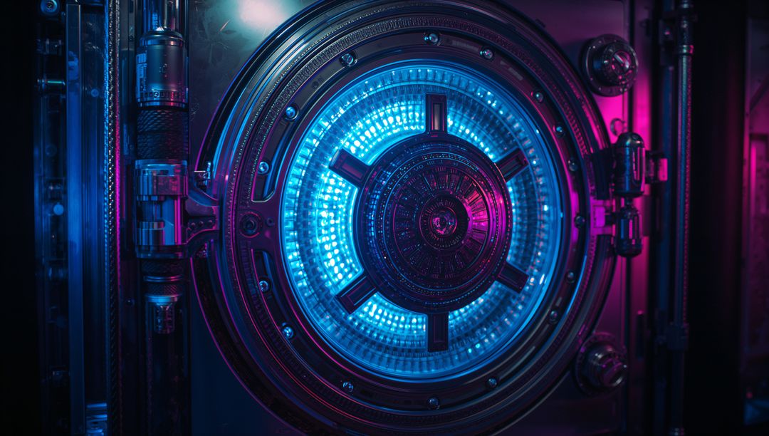 Futuristic Vault Door with Neon Lighting in High-Tech Setting