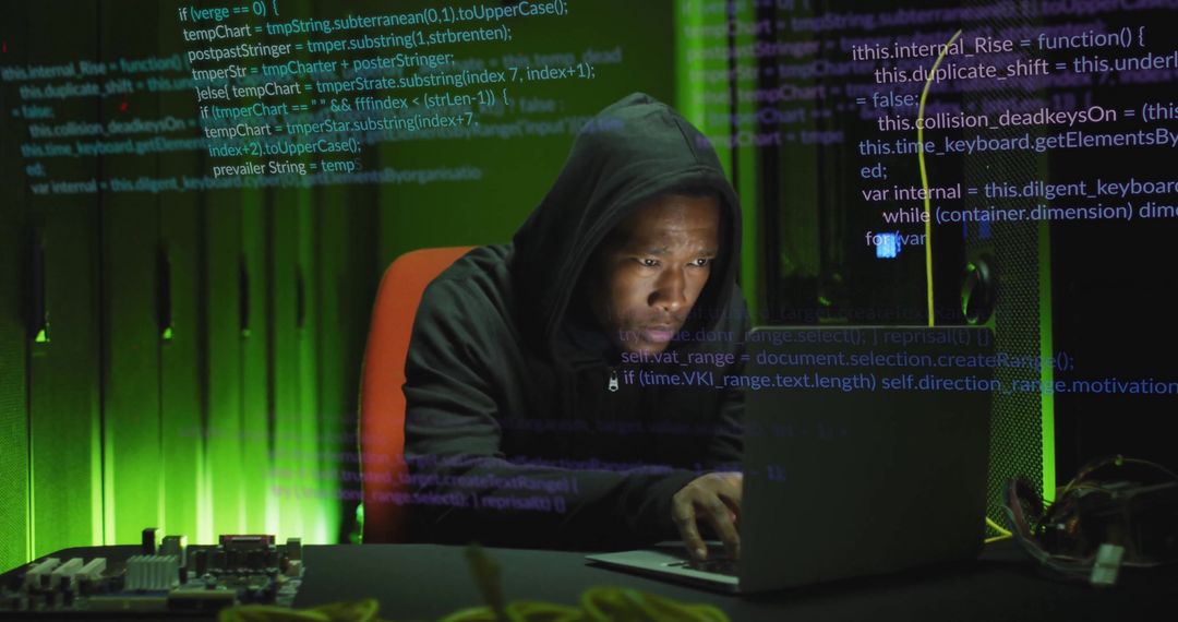 Focused Cybersecurity Professional Analyzing Code Data in Server Room