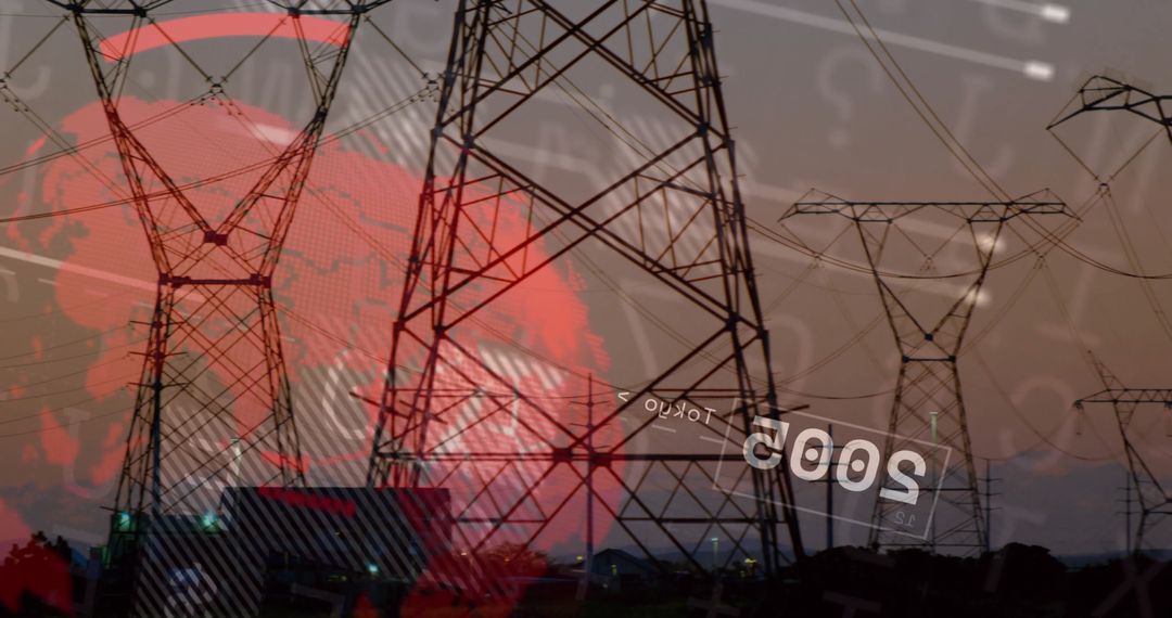 High-Voltage Pylons Against Futuristic Digital World Map
