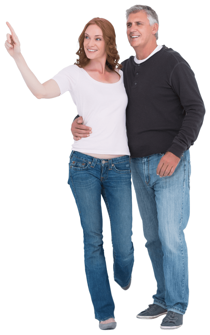 Happy Couple Walking and Pointing on Transparent Background